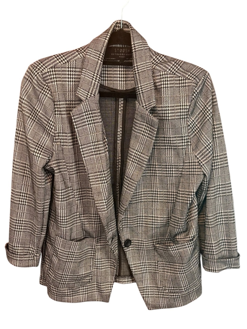 Stoosh Plaid Blazer Women’s Medium Black White Glen Plaid